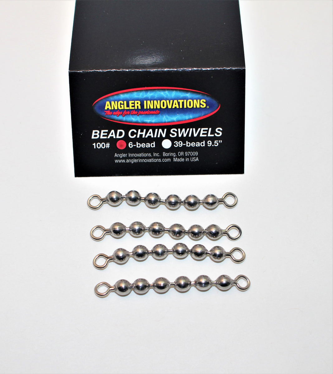 Bead Chain Swivels standard length and extralong sizes. Angler Innovations